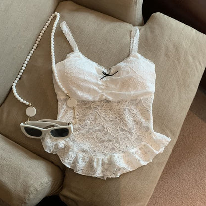 Spaghetti Strap Ruffled Lace Bra Top