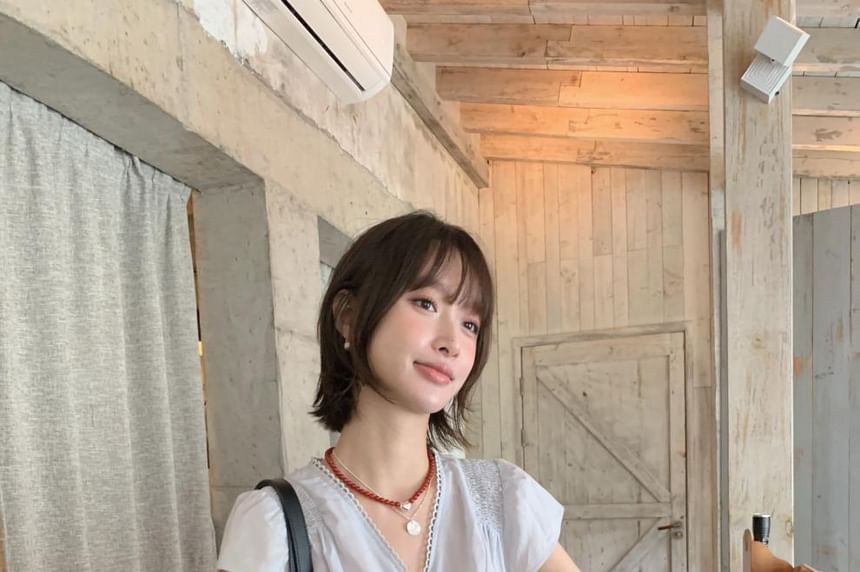 V-Neck Lace Trim Button-Up Blouse