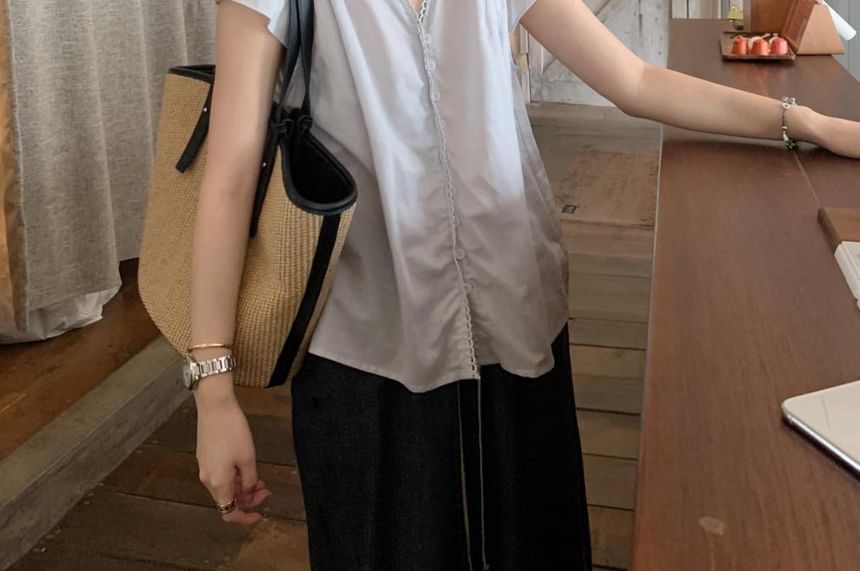 V-Neck Lace Trim Button-Up Blouse