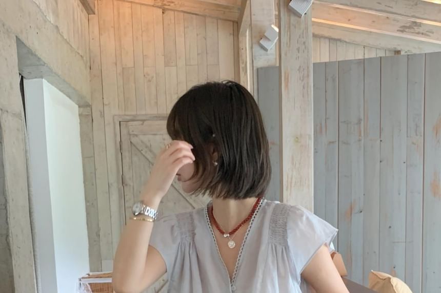 V-Neck Lace Trim Button-Up Blouse