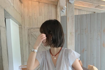 V-Neck Lace Trim Button-Up Blouse
