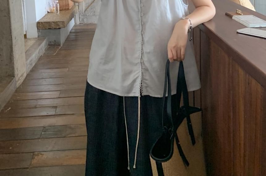 V-Neck Lace Trim Button-Up Blouse