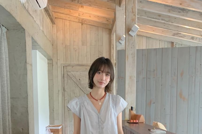 V-Neck Lace Trim Button-Up Blouse