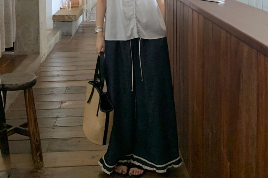 V-Neck Lace Trim Button-Up Blouse