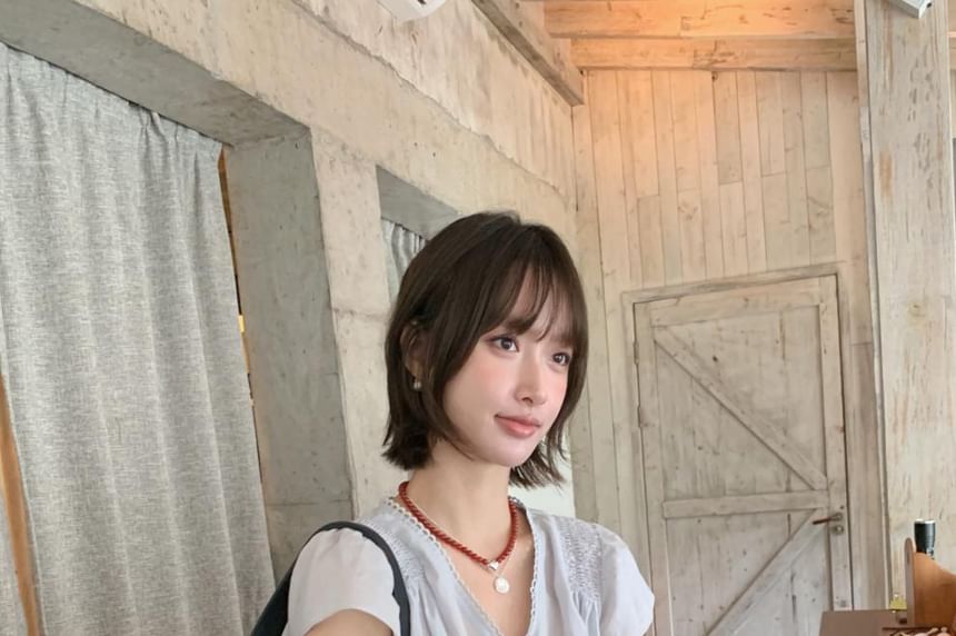 V-Neck Lace Trim Button-Up Blouse