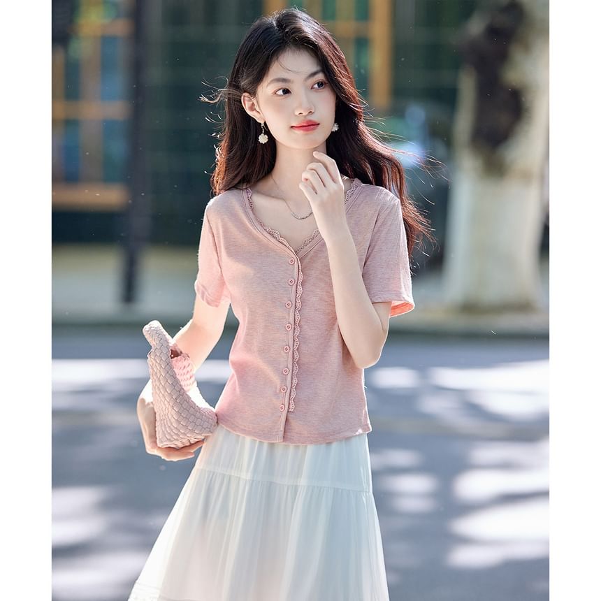 V-Neck Lace Trim Crop Blouse with Short Sleeves