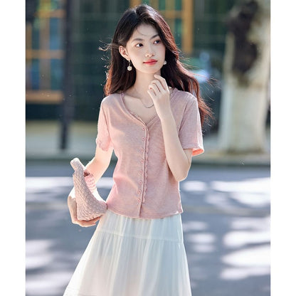 V-Neck Lace Trim Crop Blouse with Short Sleeves