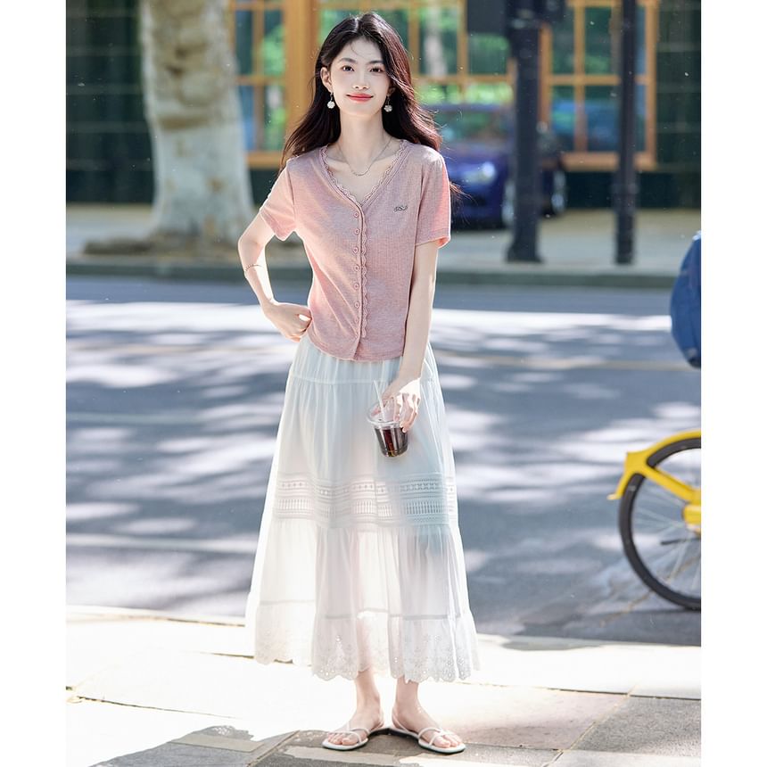 V-Neck Lace Trim Crop Blouse with Short Sleeves