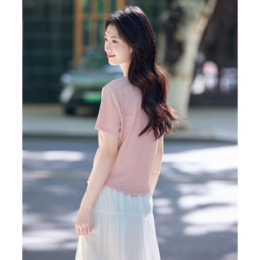 V-Neck Lace Trim Crop Blouse with Short Sleeves
