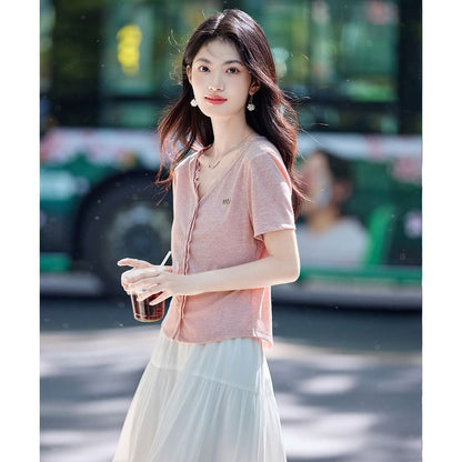 V-Neck Lace Trim Crop Blouse with Short Sleeves