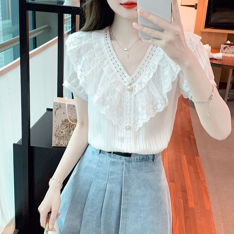 Ruffle V-Neck Blouse with Lace Panel and Short Sleeves