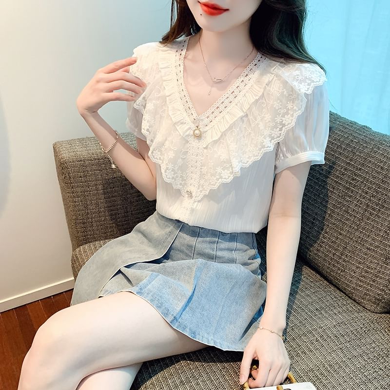 Ruffle V-Neck Blouse with Lace Panel and Short Sleeves