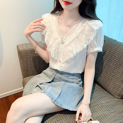 Ruffle V-Neck Blouse with Lace Panel and Short Sleeves
