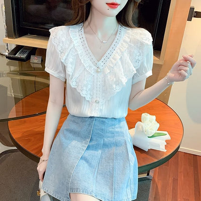 Ruffle V-Neck Blouse with Lace Panel and Short Sleeves