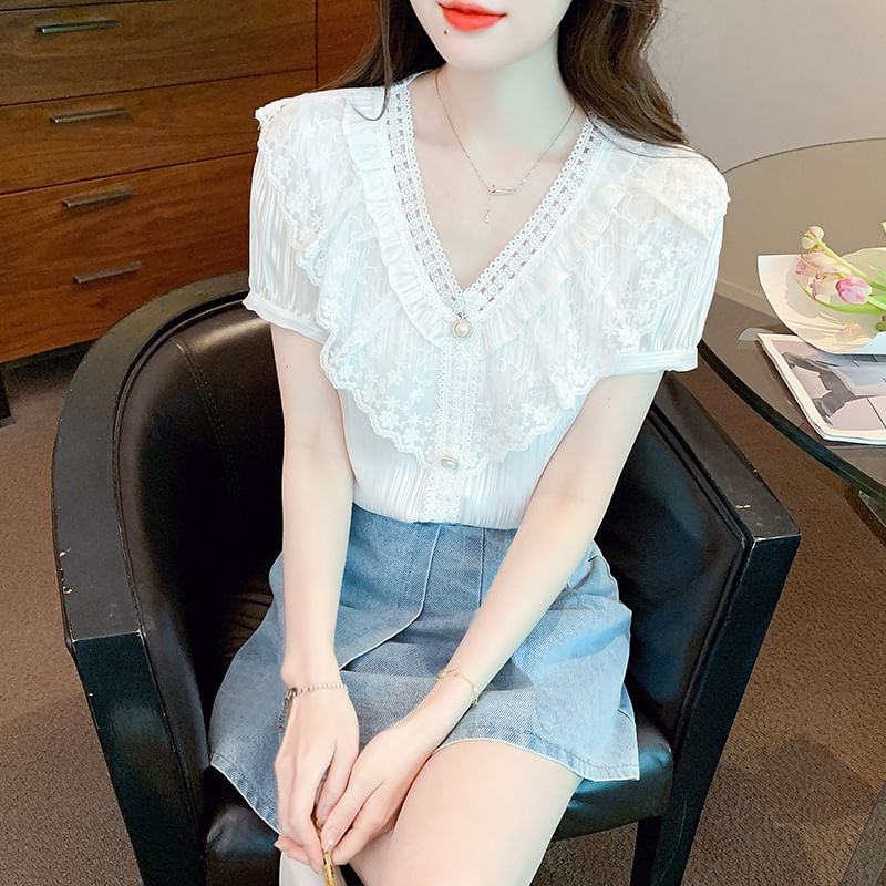 Ruffle V-Neck Blouse with Lace Panel and Short Sleeves