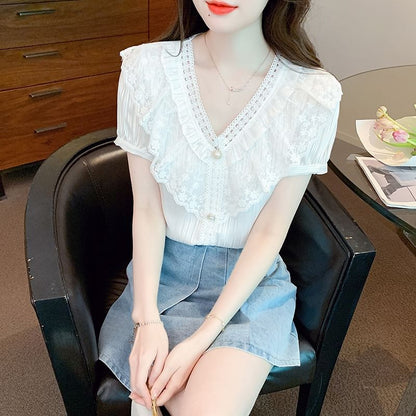 Ruffle V-Neck Blouse with Lace Panel and Short Sleeves