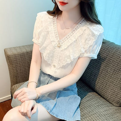 Ruffle V-Neck Blouse with Lace Panel and Short Sleeves