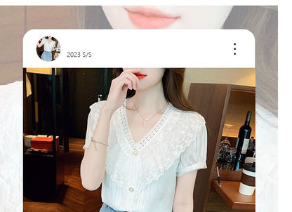 Ruffle V-Neck Blouse with Lace Panel and Short Sleeves