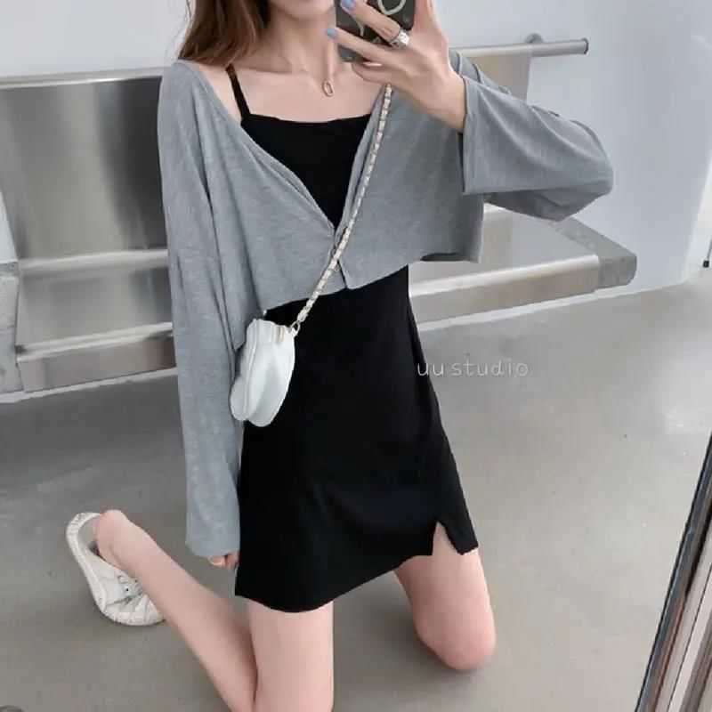 Spaghetti Strap Mini A-Line Dress and Crop Cardigan Set