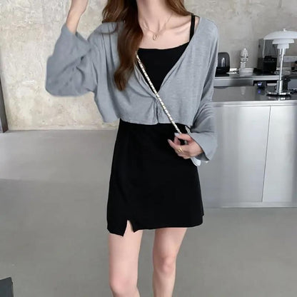 Spaghetti Strap Mini A-Line Dress and Crop Cardigan Set