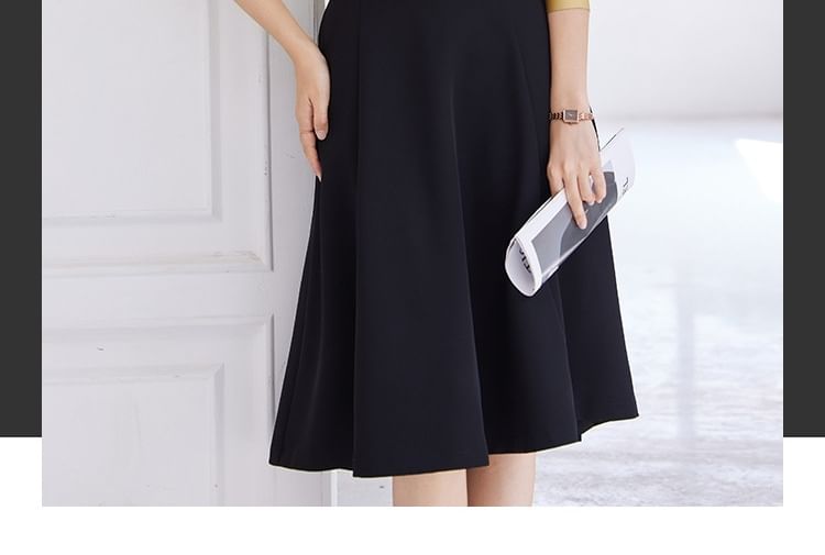 Tie-Neck Long Sleeve Blouse & High Waist Midi A-Line Skirt