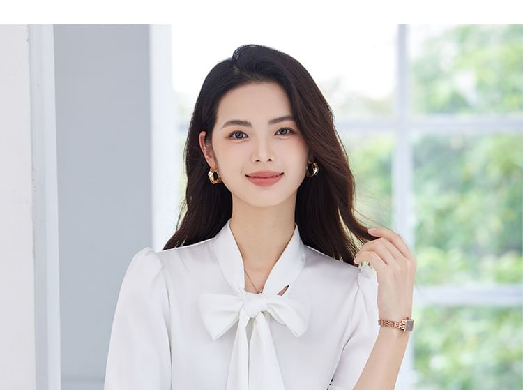 Tie-Neck Long Sleeve Blouse & High Waist Midi A-Line Skirt