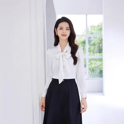 Tie-Neck Long Sleeve Blouse & High Rise Midi A-Line Skirt Set