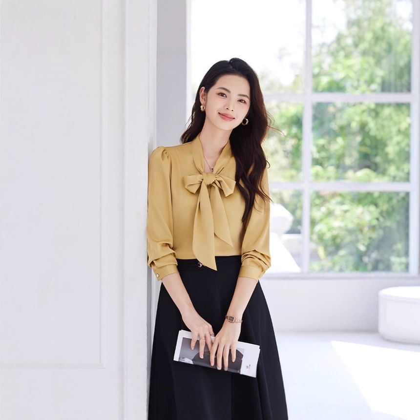 Tie-Neck Long Sleeve Blouse & High Rise Midi A-Line Skirt Set