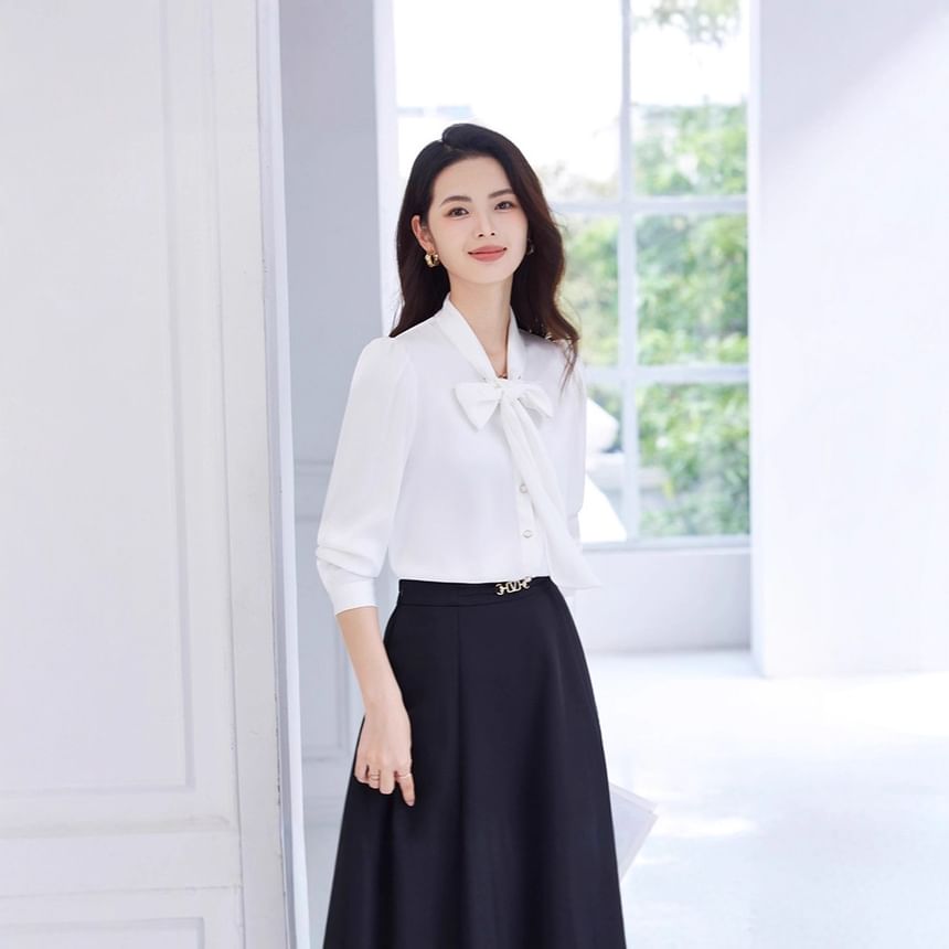 Tie-Neck Long Sleeve Blouse & High Rise Midi A-Line Skirt Set