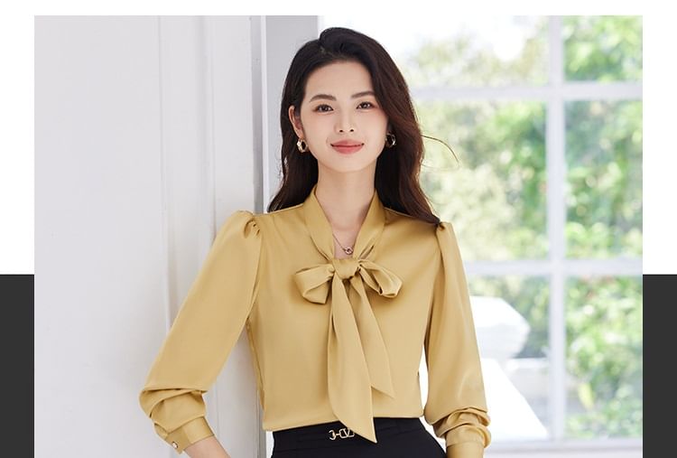Tie-Neck Long Sleeve Blouse & High Rise Midi A-Line Skirt Set