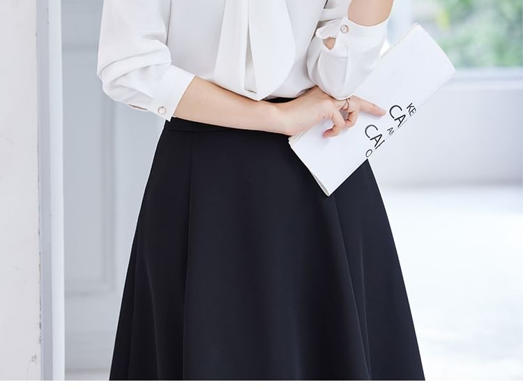Tie-Neck Long Sleeve Blouse & High Rise Midi A-Line Skirt Set