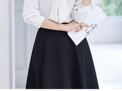Tie-Neck Long Sleeve Blouse & High Rise Midi A-Line Skirt Set