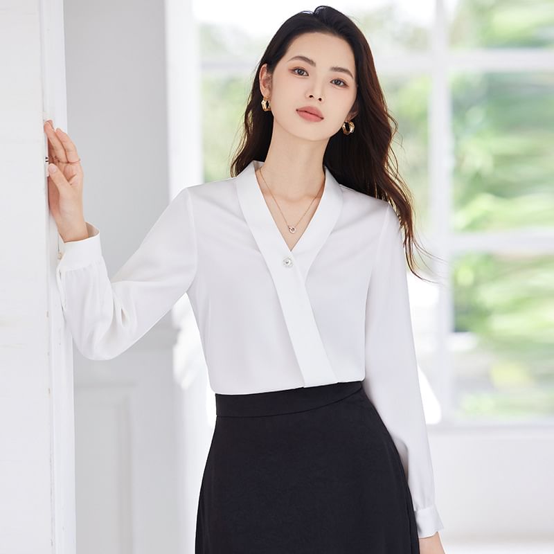 V-Neck Long Sleeve Blouse & High Rise Midi Straight Skirt
