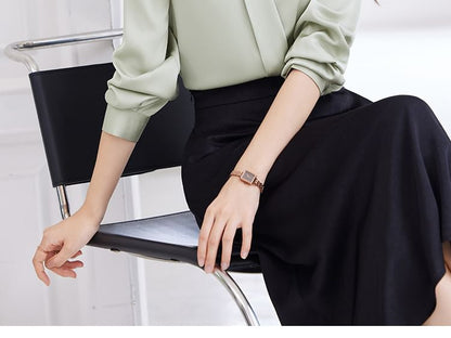 V-Neck Long Sleeve Blouse & High Rise Midi Straight Skirt