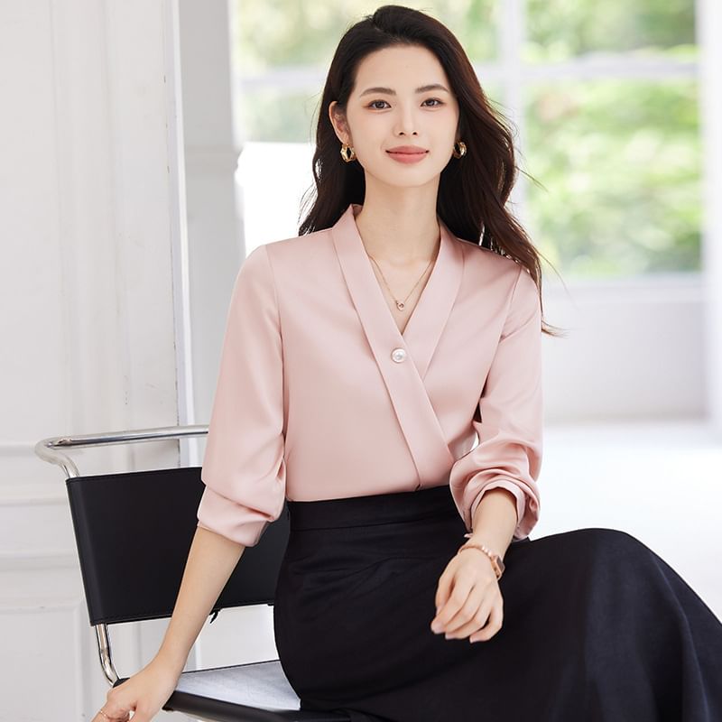 V-Neck Long Sleeve Blouse & Midi Straight Skirt Set