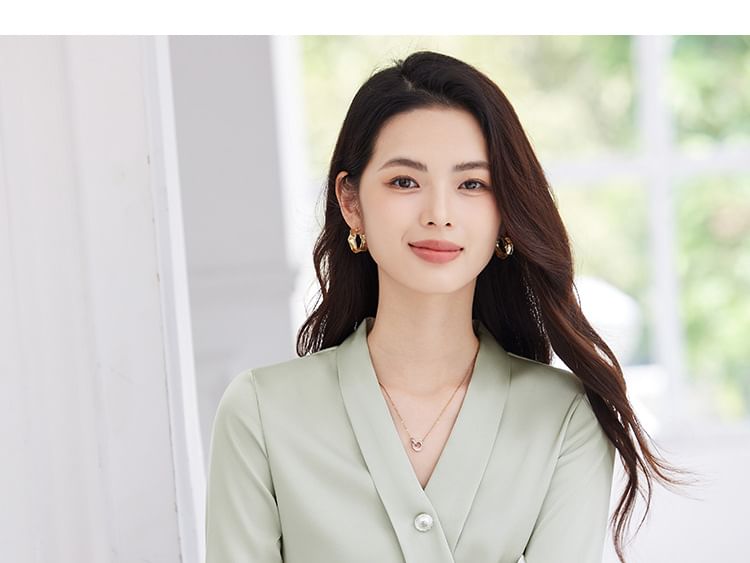 V-Neck Long Sleeve Blouse & Midi Straight Skirt Set