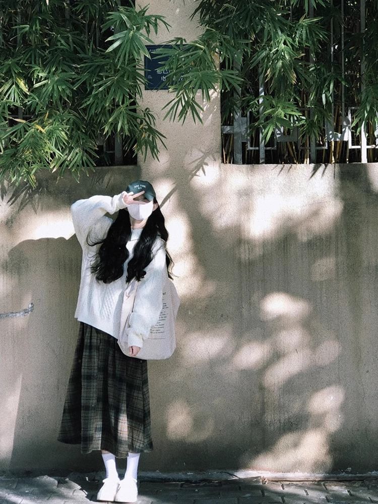 Cable-Knit Crew-Neck Sweater & Plaid High-Rise Midi Skirt