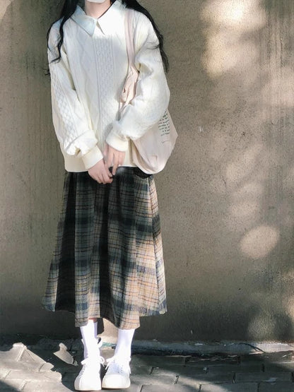 Cable-Knit Crew-Neck Sweater & Plaid High-Rise Midi Skirt