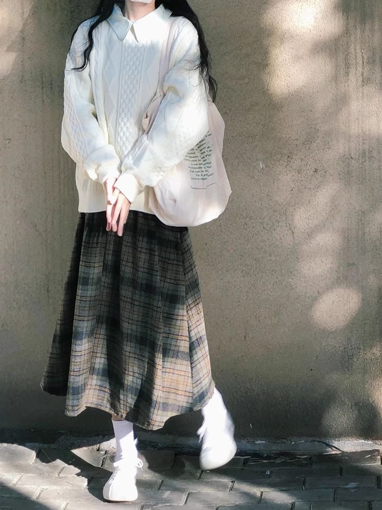 Cable-Knit Crew-Neck Sweater & Plaid High-Rise Midi Skirt