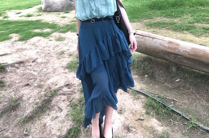 Ruffle V-Neck Cami and Plaid Asymmetrical Maxi Skirt Set