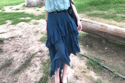 Ruffle V-Neck Cami and Plaid Asymmetrical Maxi Skirt Set