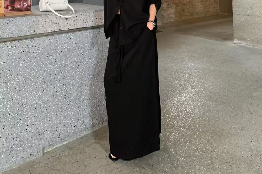 Long-Sleeve Pocket Shirt and Drawstring Maxi Skirt Set