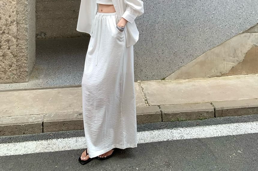 Long-Sleeve Pocket Shirt and Drawstring Maxi Skirt Set