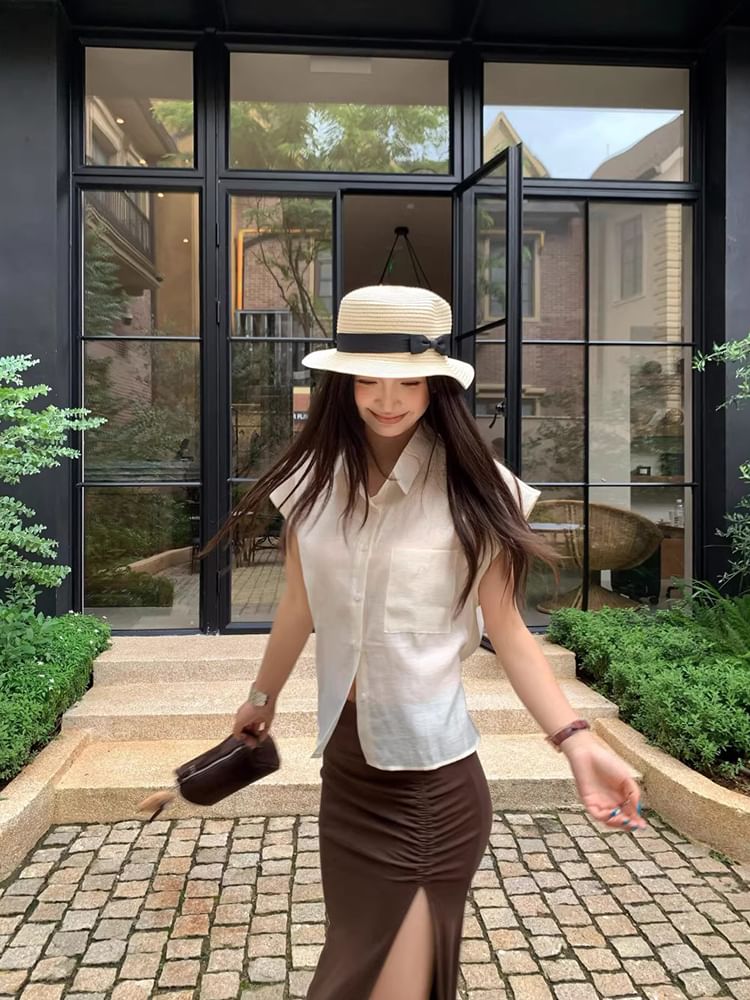Short-Sleeve Shirt / High Waist Ruched Side-Slit Maxi Mermaid Skirt