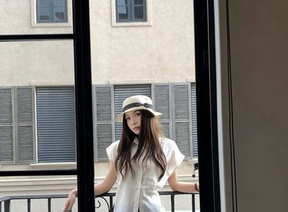 Short-Sleeve Shirt / High Waist Ruched Side-Slit Maxi Mermaid Skirt