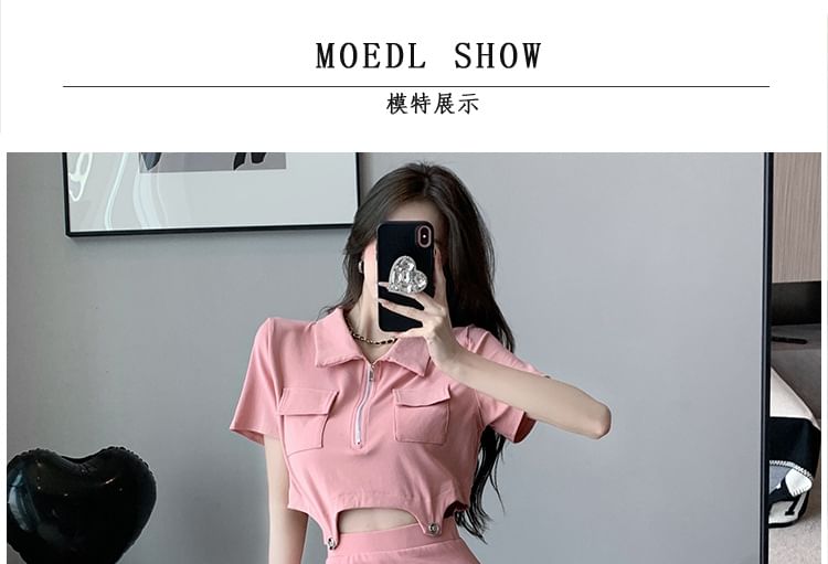 Short Sleeve Half Zip Crop Polo & Slit Midi Pencil Skirt Set