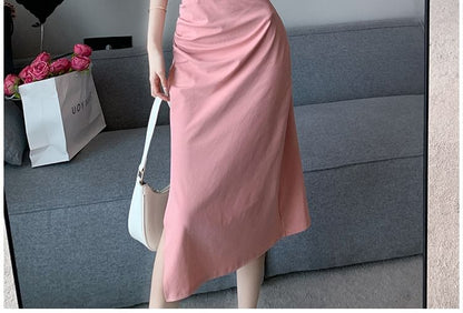Short Sleeve Half Zip Crop Polo & Slit Midi Pencil Skirt Set