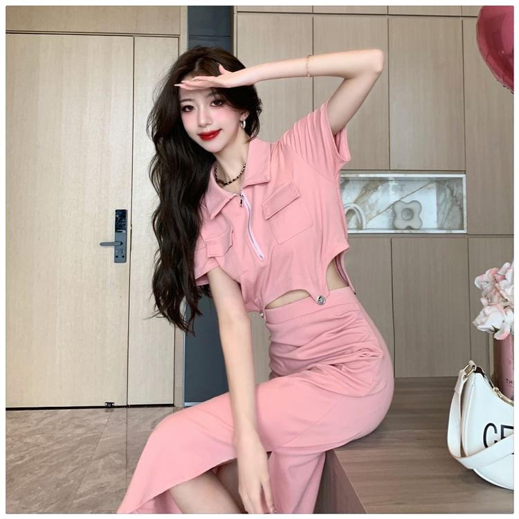 Short Sleeve Half Zip Crop Polo & Slit Midi Pencil Skirt Set