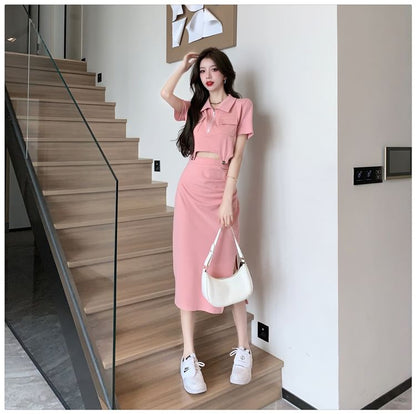 Short Sleeve Half Zip Crop Polo & Slit Midi Pencil Skirt Set