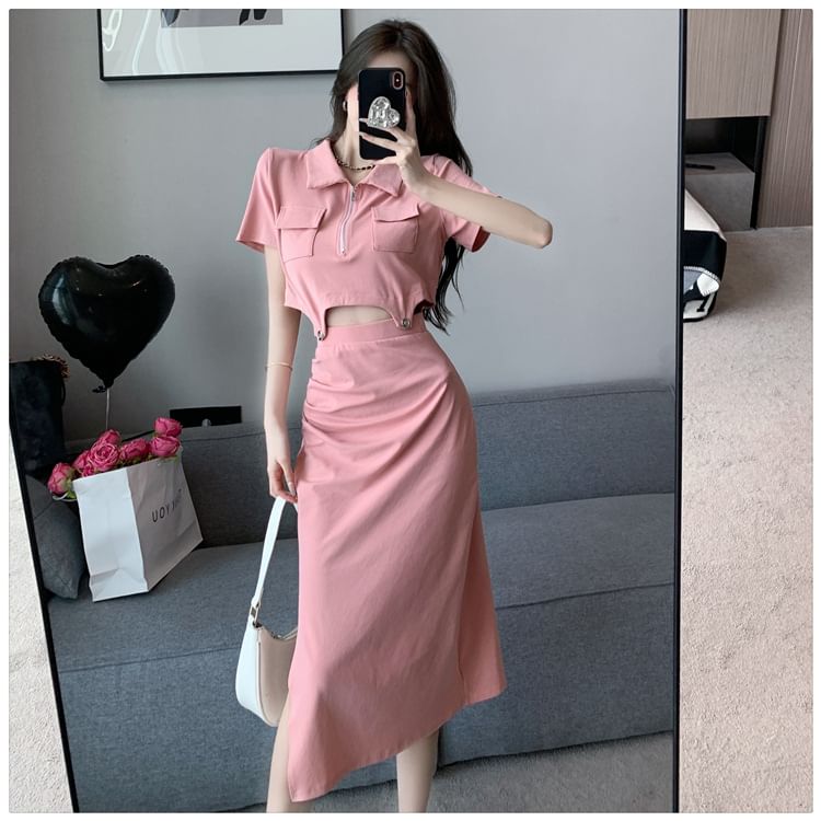 Short Sleeve Half Zip Crop Polo & Slit Midi Pencil Skirt Set